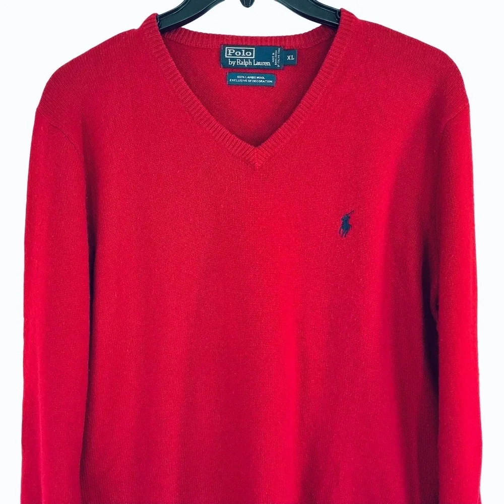 Polo Ralph Lauren Men's XL Red V-Neck 100%‎ Lambswool Classic Fit Sweater